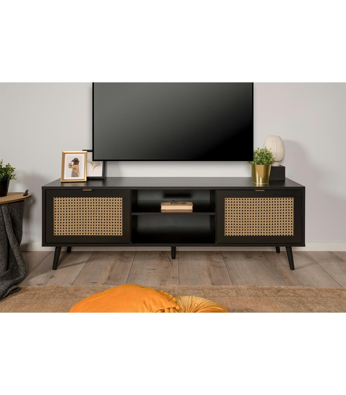 VILLA - Meuble TV 2 portes 2 abattants impression cannage et noir - L150 cm
