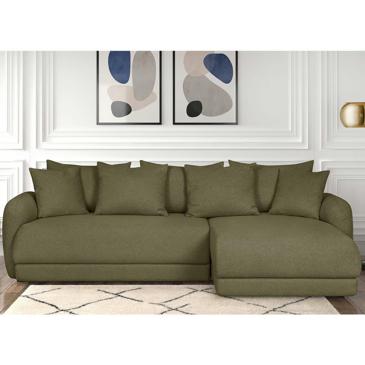 GIULIA - Canapé d'angle droit 5 places convertible + coffre, tissu vert olive