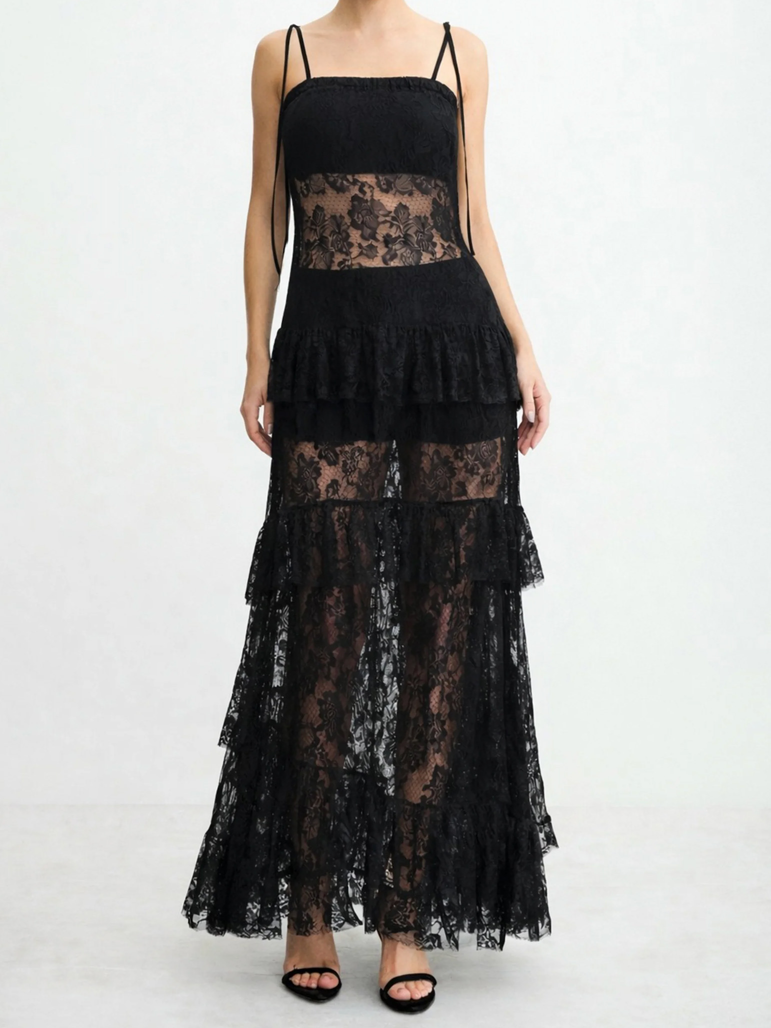 Elegant Spaghetti Strap Tiered Lace Sheer Maxi Dress