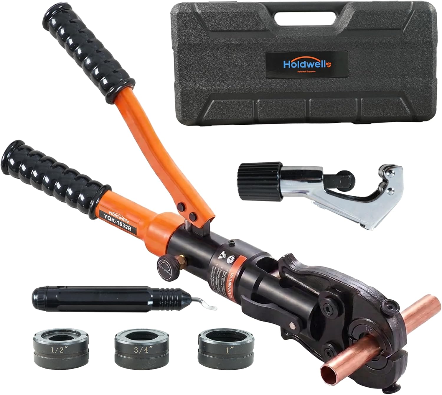 HoldwellS Copper Pipe Crimping Tool 3 VUS Jaws (1/2,3/4,1) for Copper Pipes 360° Rotatable Head with Pipe Cutter & Deburring Tool, Copper Tube for Narrow Space/Tee/Elbow Fittings with Carrying Case