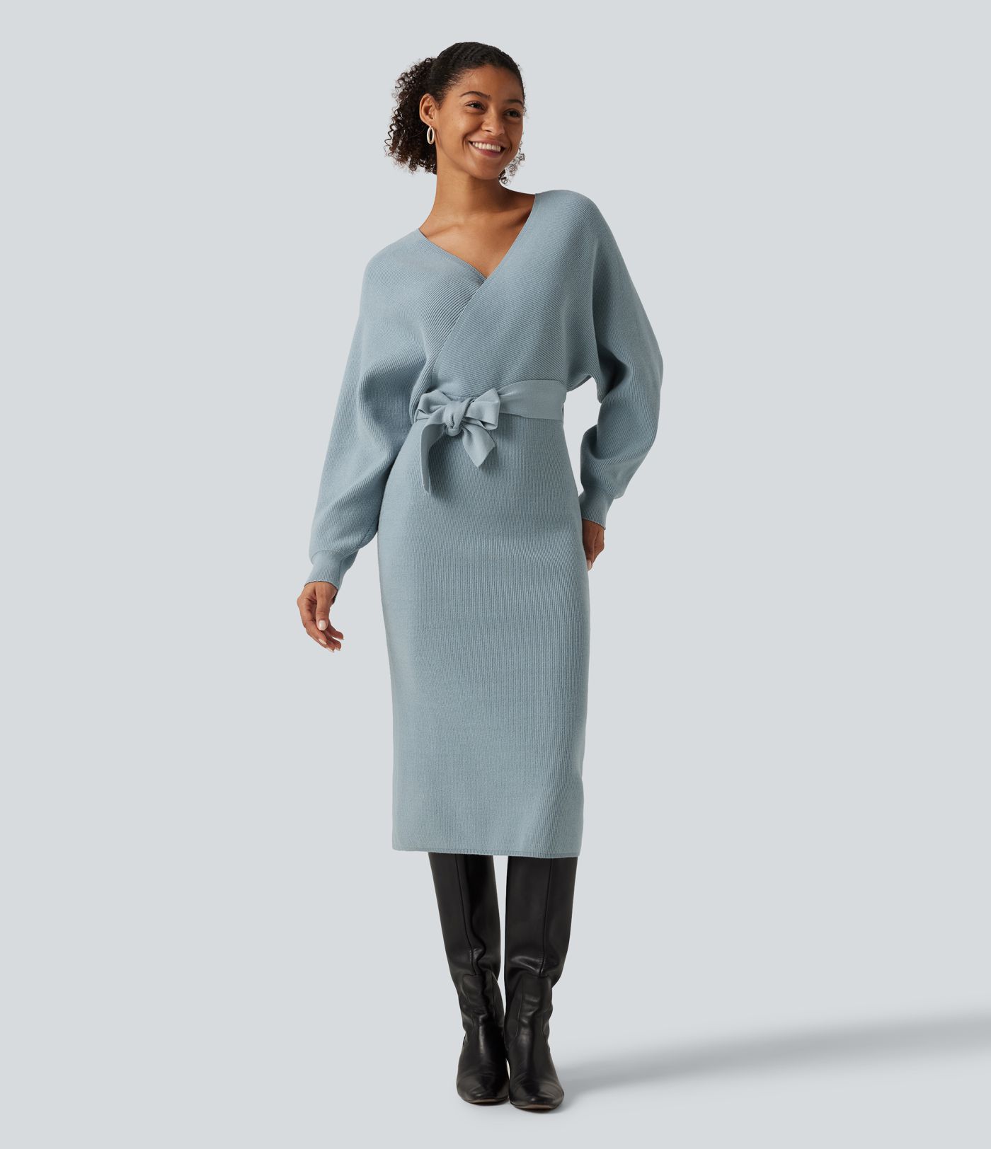 Robe pull midi à encolure croisée en V, manches chauve-souris et ceinture
