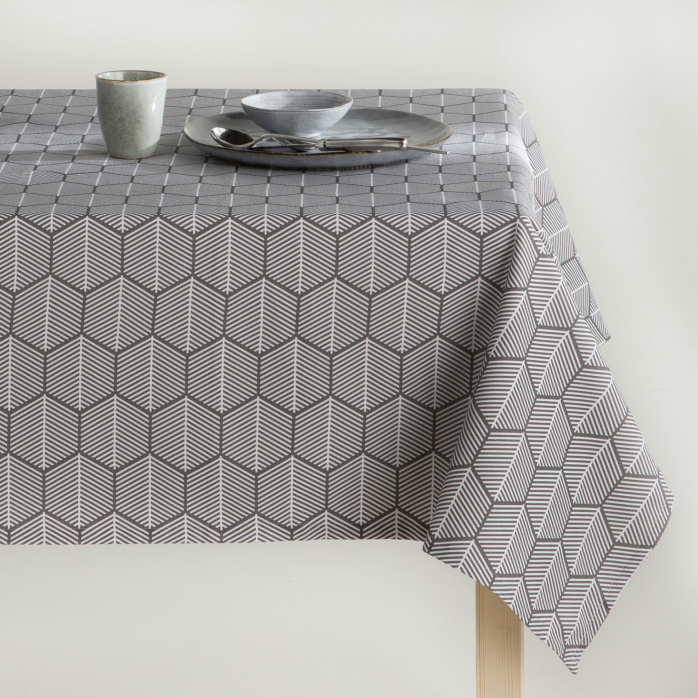 ZAFIR MARENGO - Nappe en coton biologique antitâche anthracite géométrique 140x200 cm