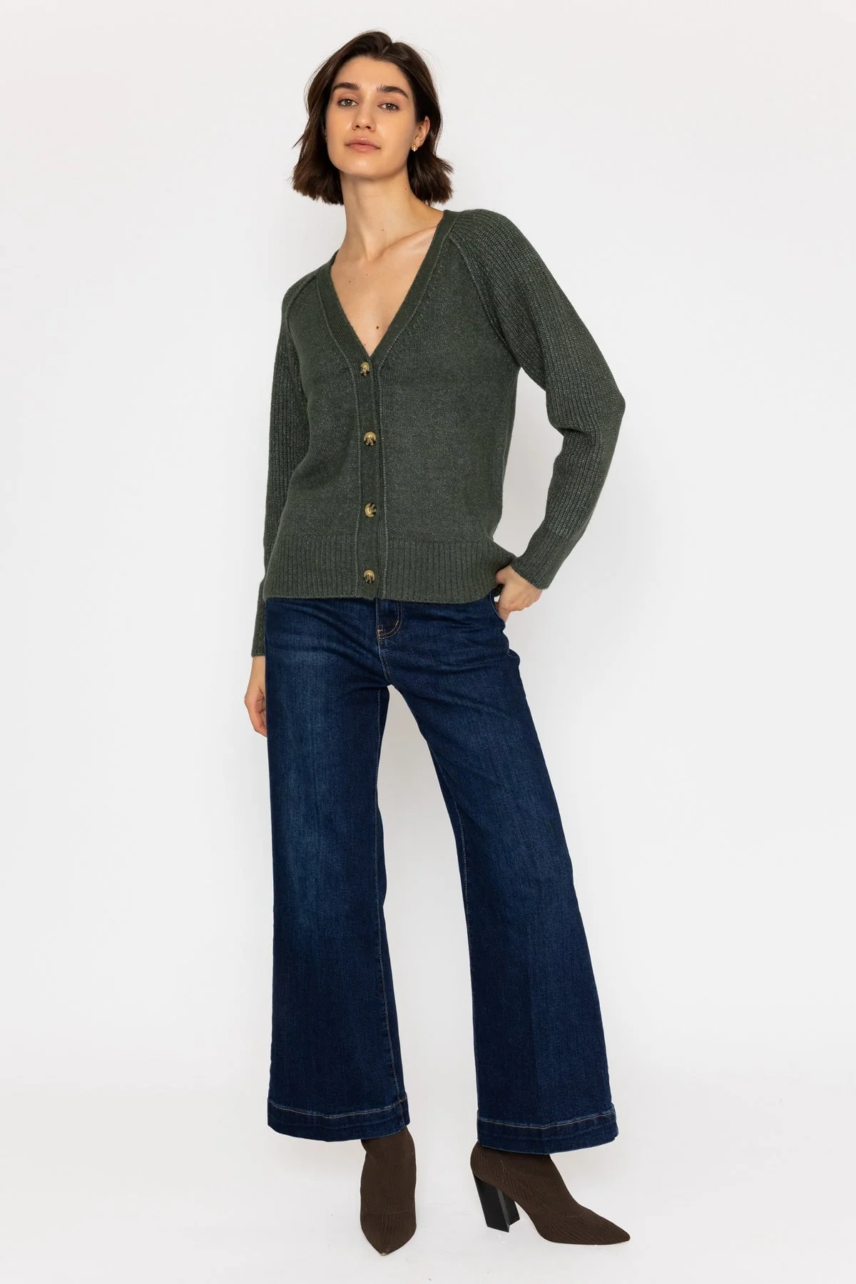 Khaki Cardigan with Ribbed Sleeves