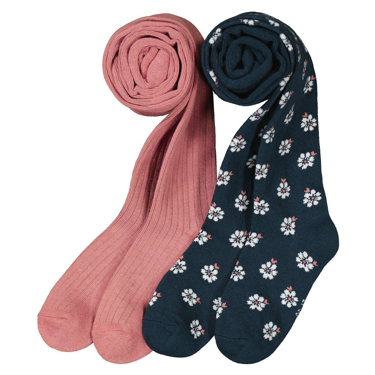 Lot de 2 collants côtelés, 1 uni et 1 fleuri