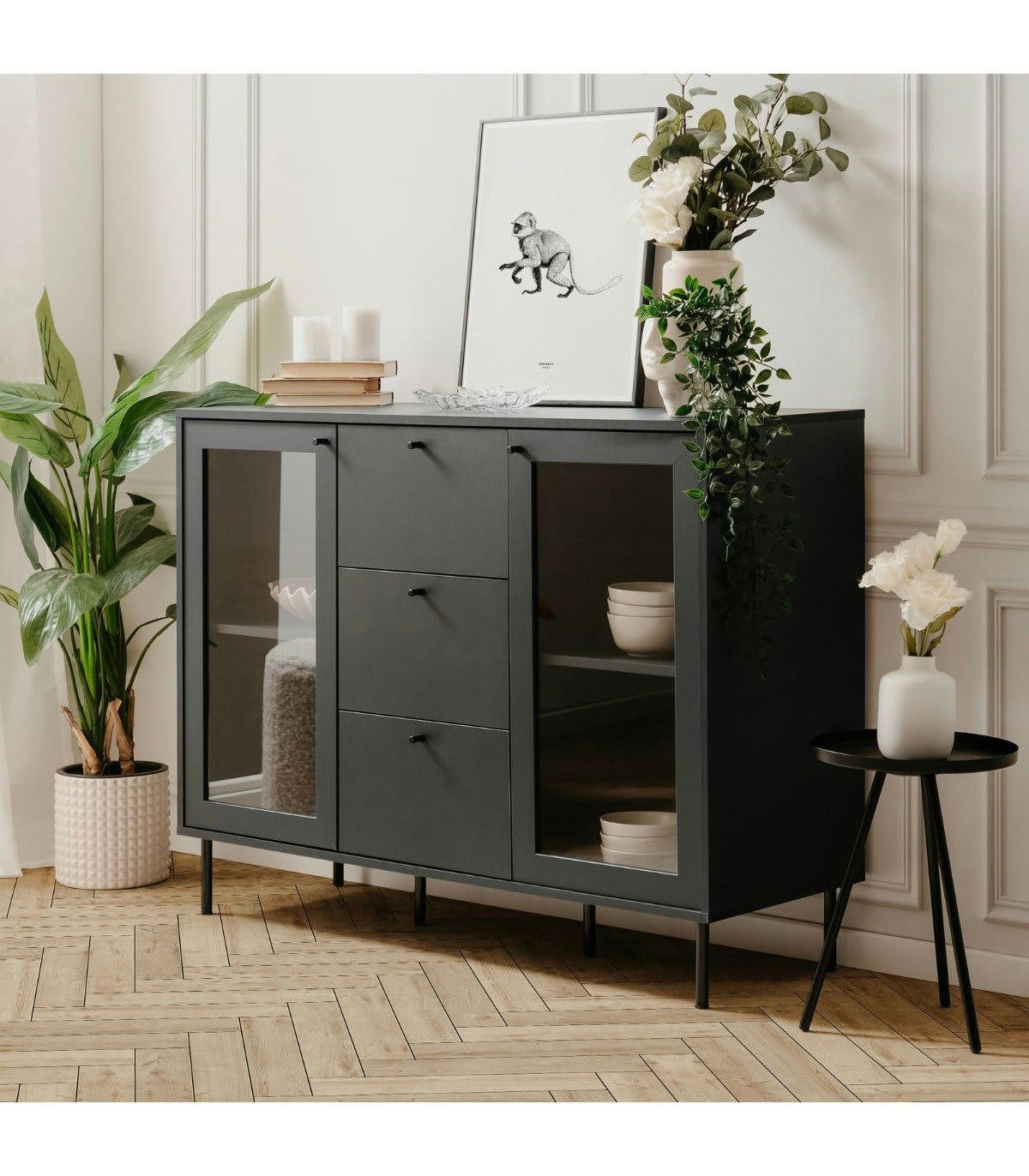 BOGOTA - Buffet 3 tiroirs et 2 portes vitrées bleu marine - L120 cm