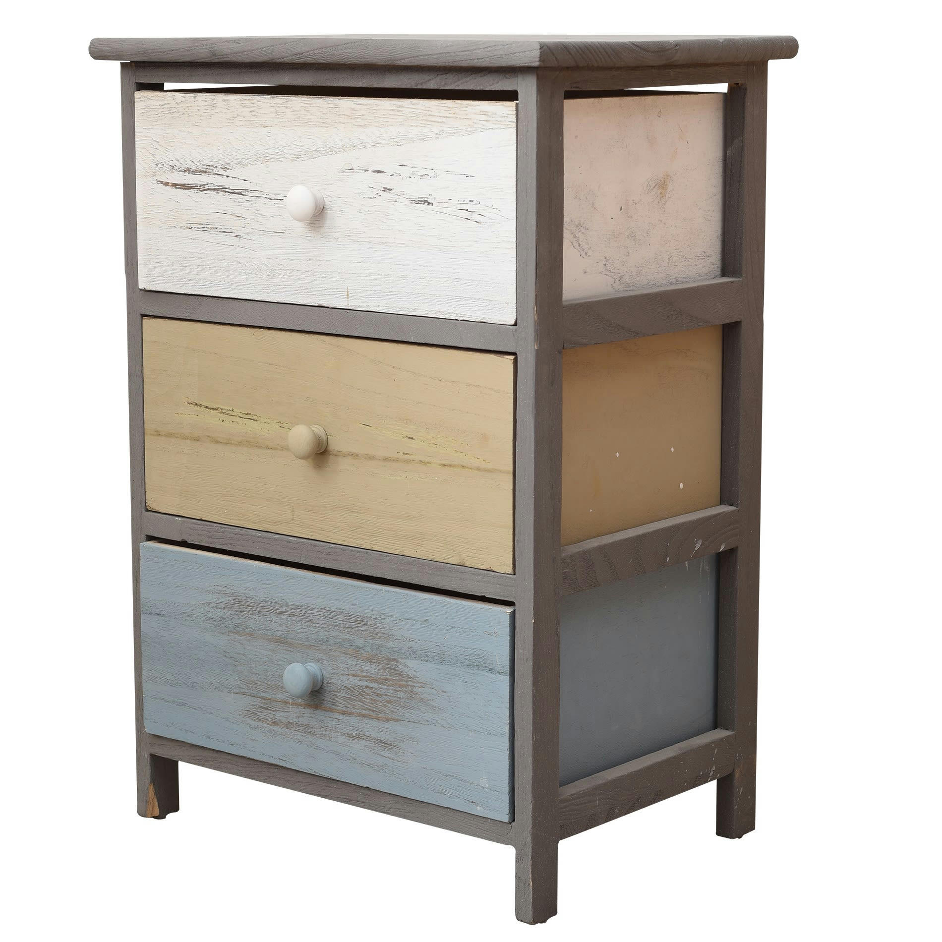 - Table de chevet colorée avec 3 tiroirs en bois gris bleu et blanc