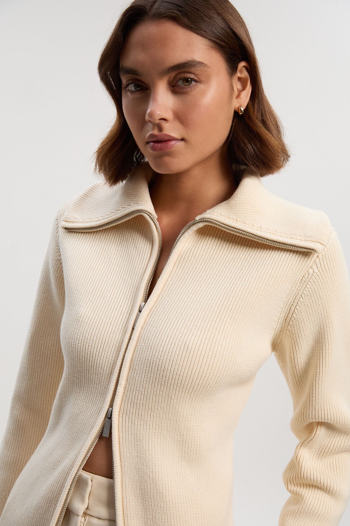 KarenMillen Cotton Zip Through Collar Knit Cardigan