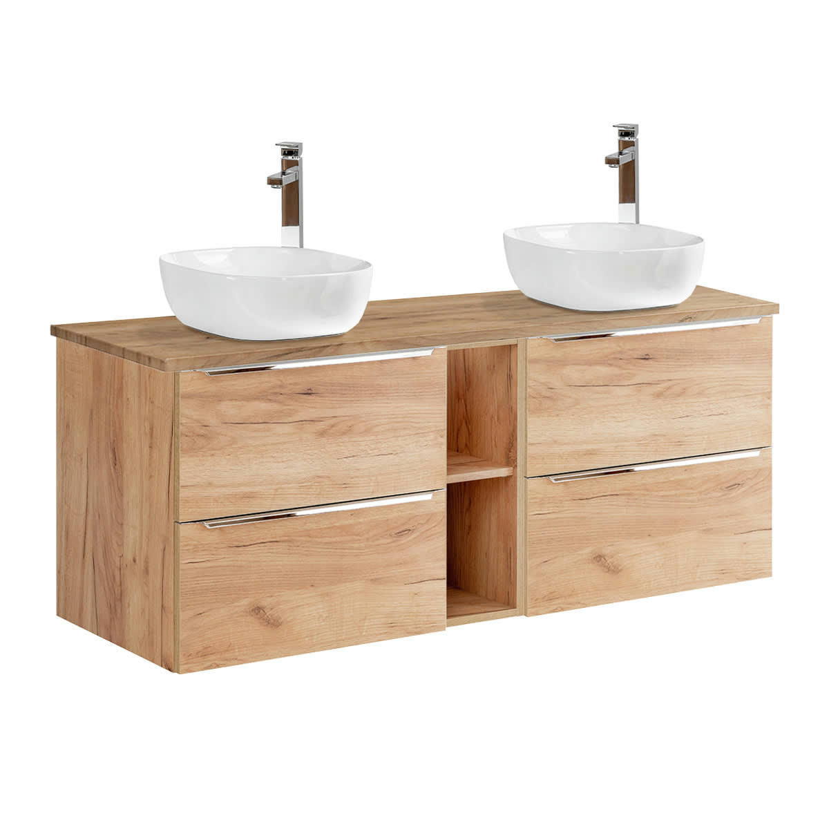 - Ensemble meuble double vasque 140cm et colonne stratifiés naturel