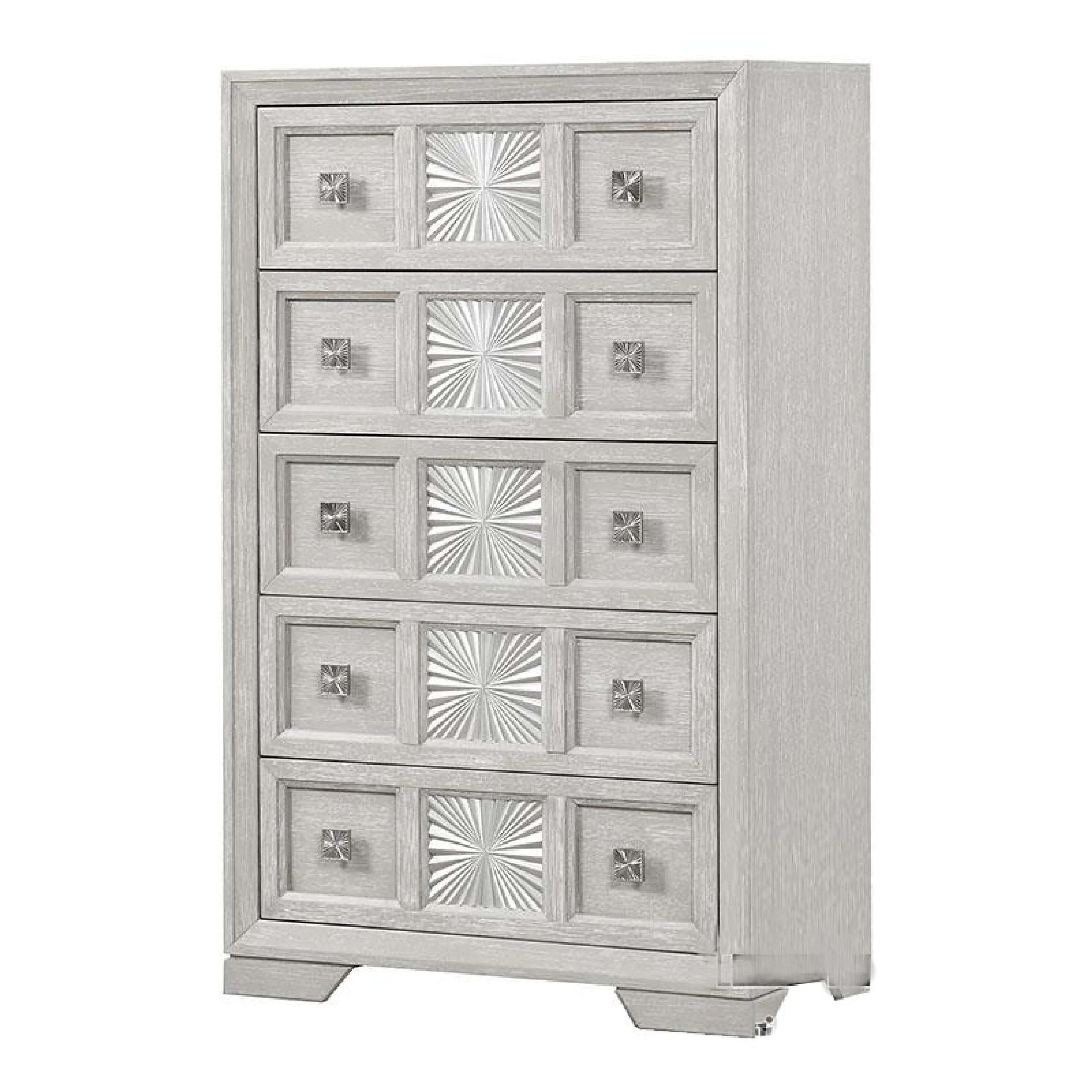 Diaz Tall Dresser Chest, 5 Drawers, Sunburst Metal Design, Light Gray