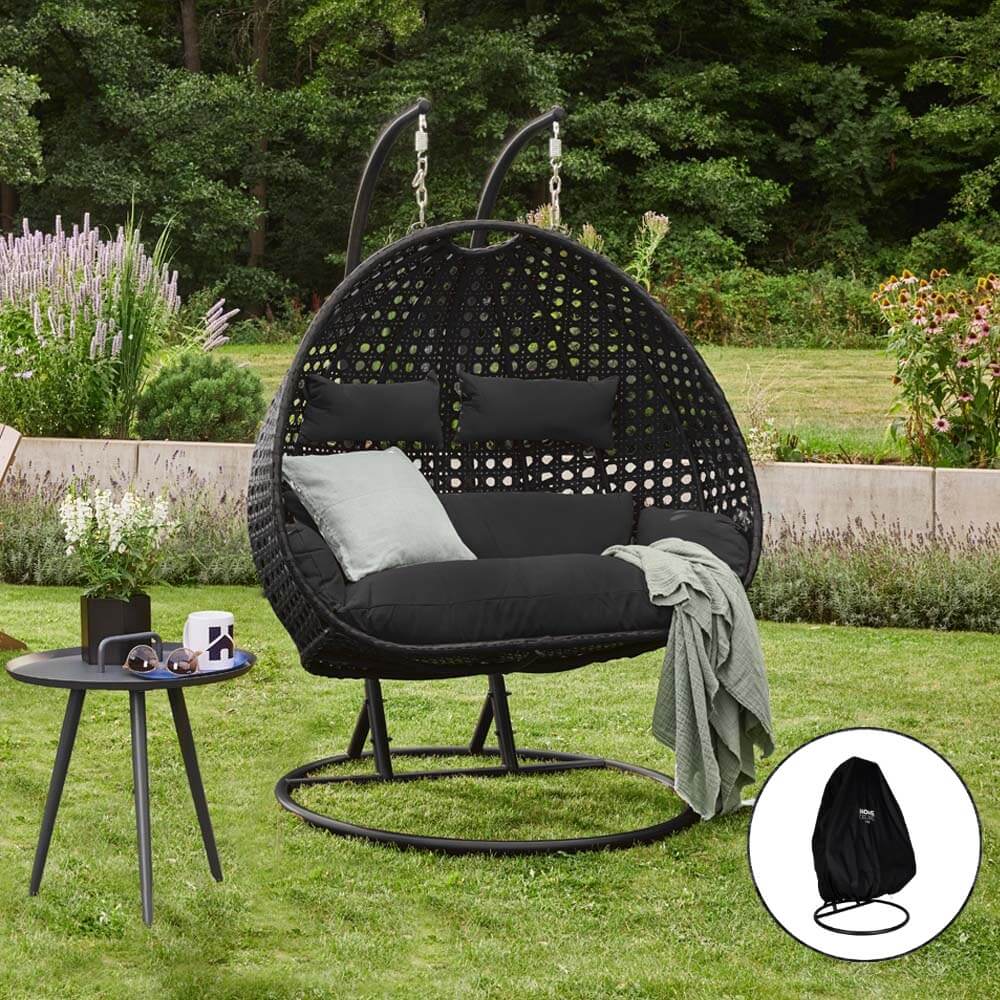 Home Deluxe Polyrotan Hangstoel TWIN Zwart Met Regenhoes