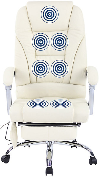 Chaise de bureau Pacific cuir véritable, Fonction massage, Réglable en hauteur, Repose-pieds Crème