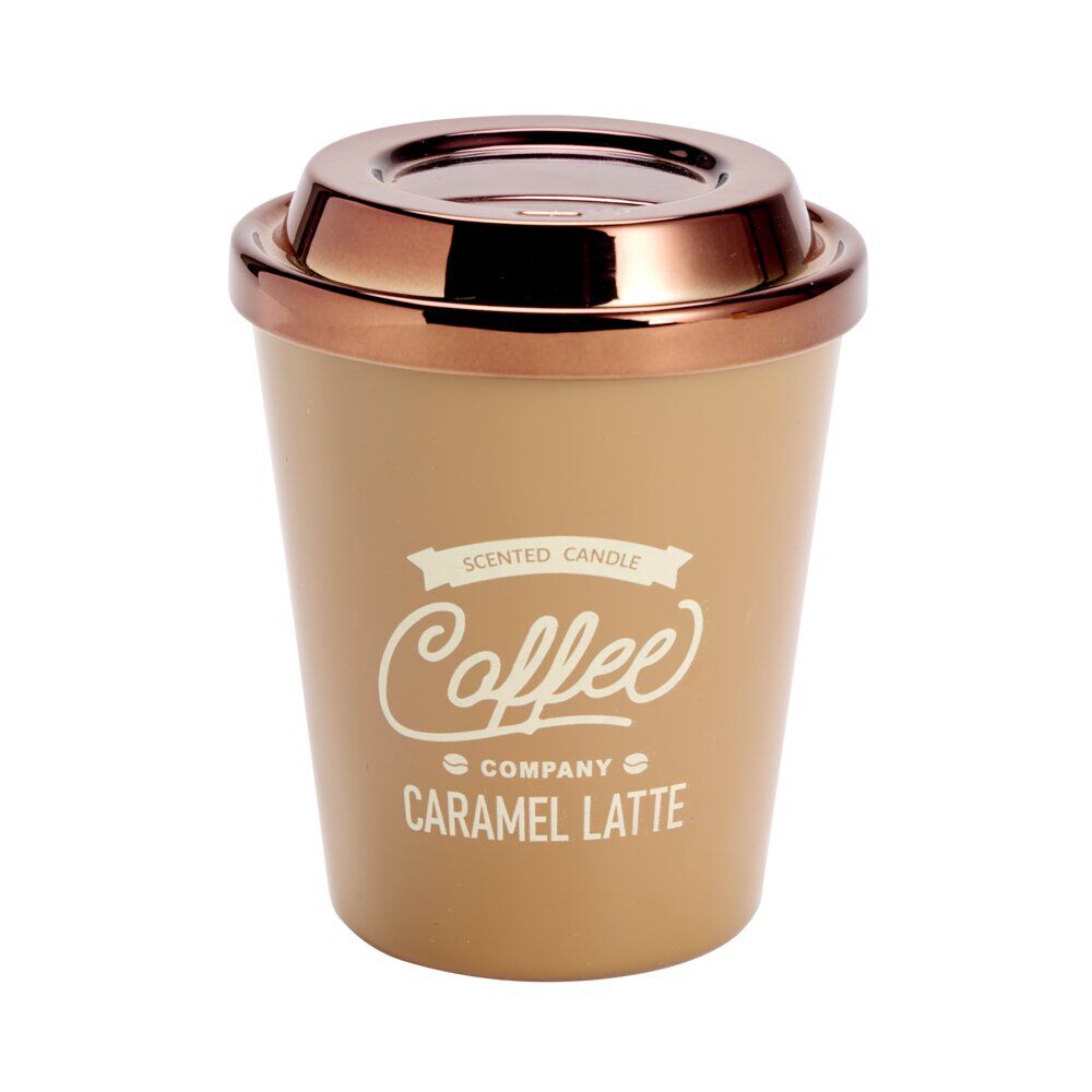 Bougie pot forme tasse café avec couvercle métallisé Ø9,5xH11cm (3 modèles)
