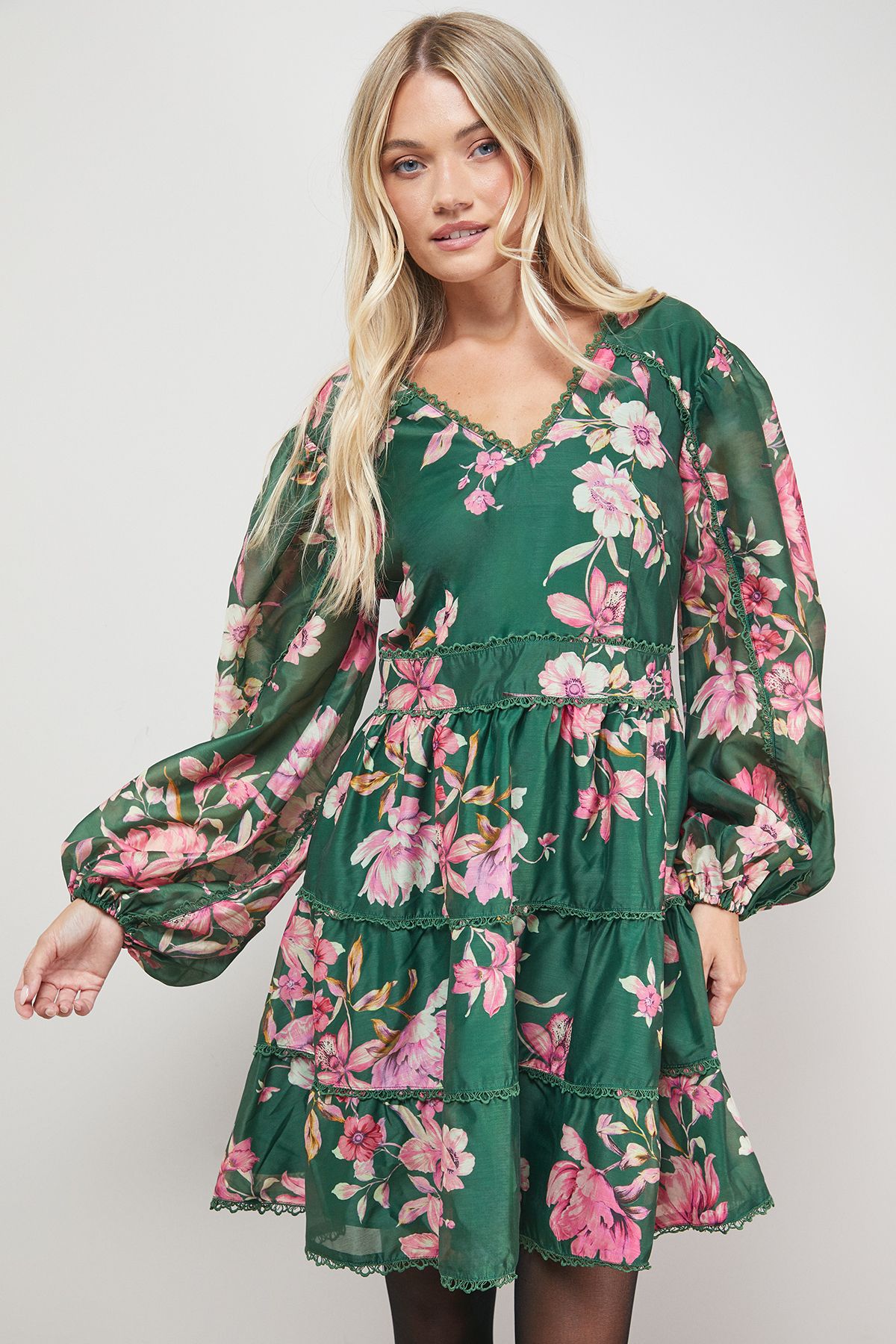 Oasis Printed Trim Detail V Neck Tiered Mini Dress