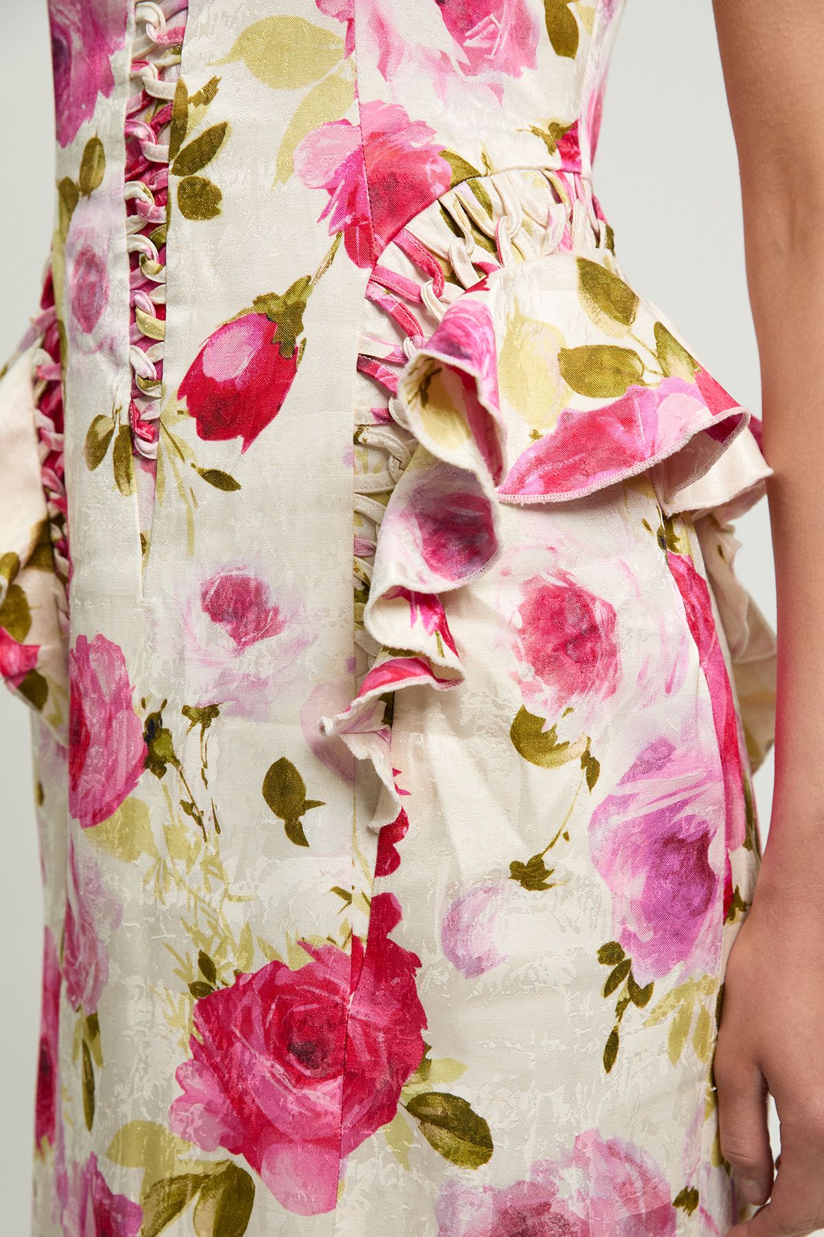 KarenMillen Scattered Floral Cotton Poplin Boned Detail Woven Midi Dress