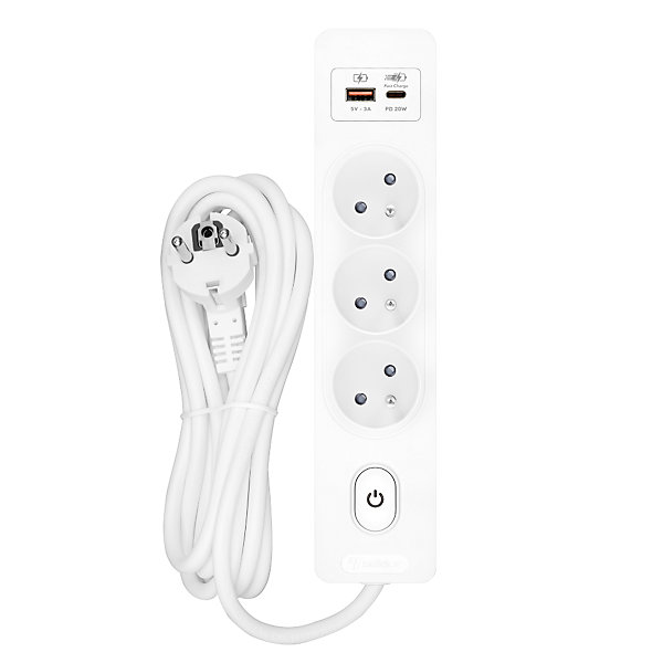 Multiprise SELDUR G3FH22B, 3 prises type E  interrupteur, USB A C charge rapide 20W, Blanc, câble 2m