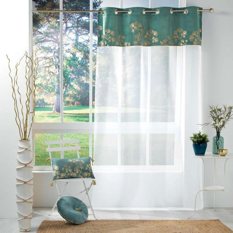 MILAROSE - Voilage effet velours et imprimé or polyester pétrole 240x140cm