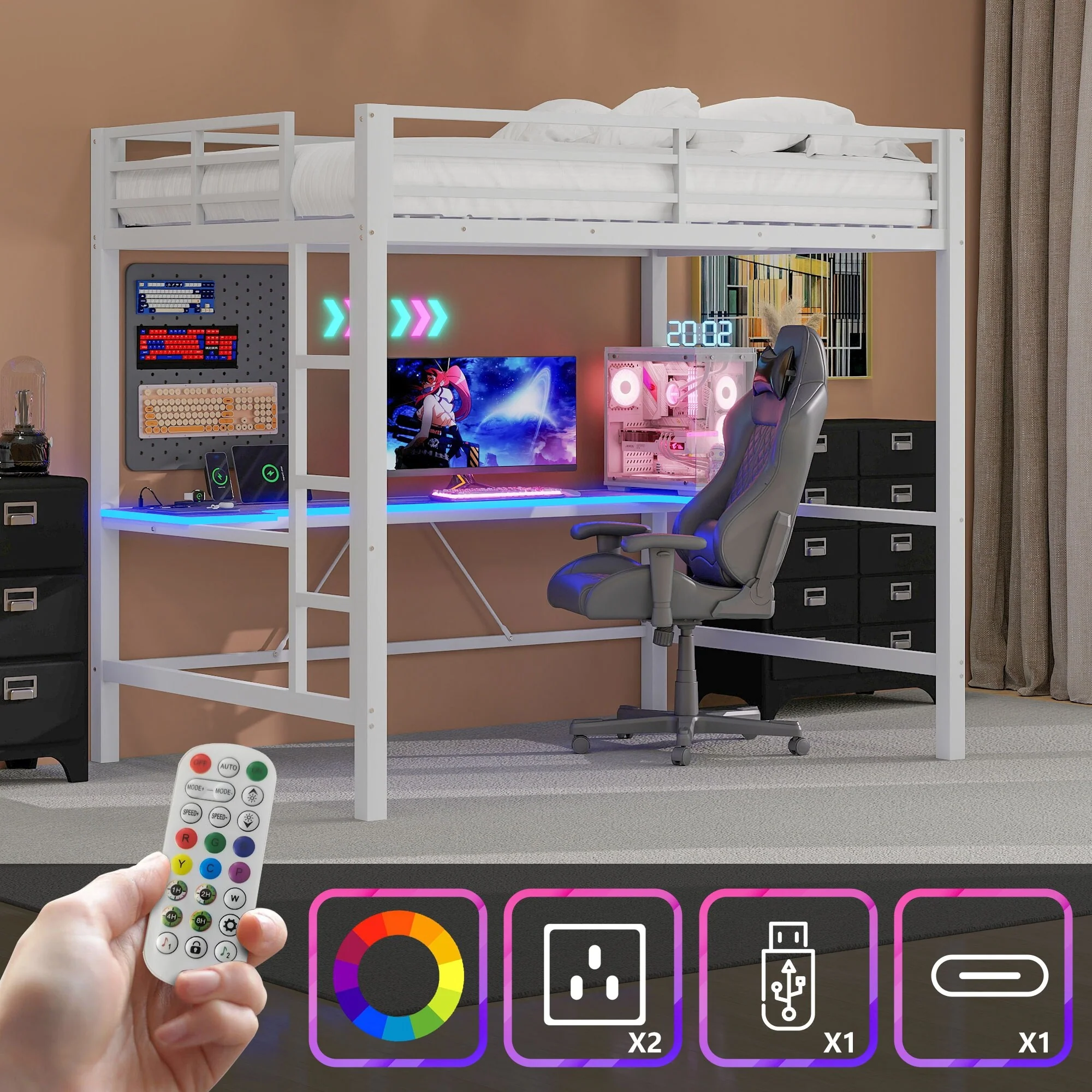 Full Size Gaming Metal Loft Bed Frame with LED Light, USB Charge Station and Desk