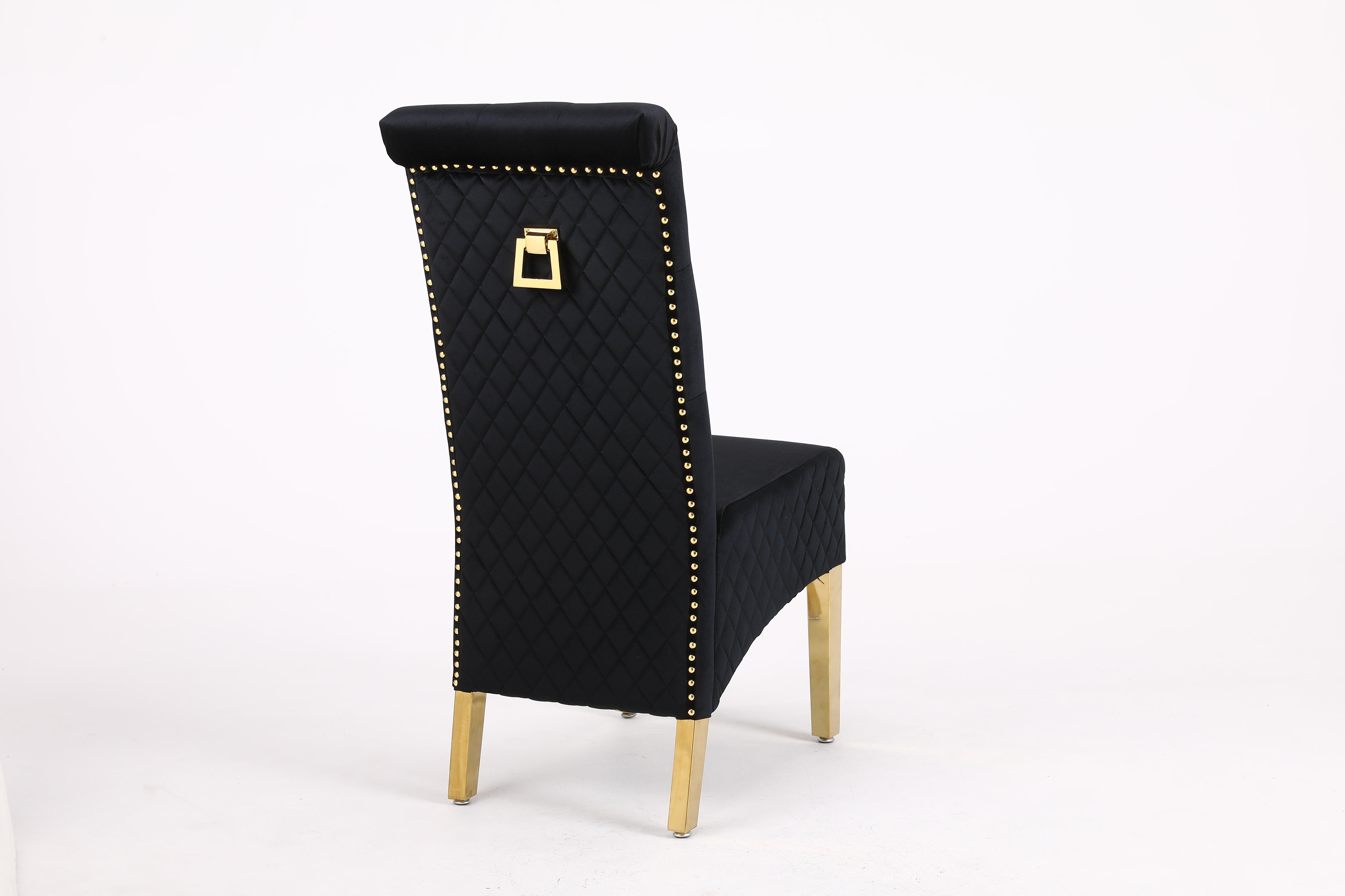 Modernique A Pair (x2) Velvet High Back Dining Chairs with Golden Chrome Knocker & Legs