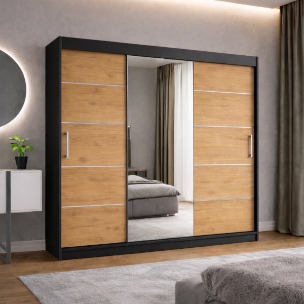 Szafa przesuwna RIO-3 180cm dąb artisan   czarny   srebrne dodatki