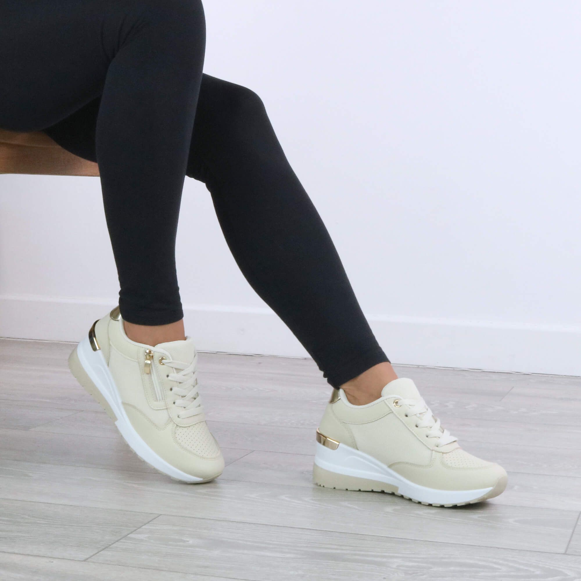 AJVANI Mid Wedge Heel Gold Trim Lace Up Trainers