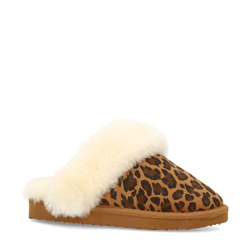 Manfield Beige leopard pantoffels met bontvoering