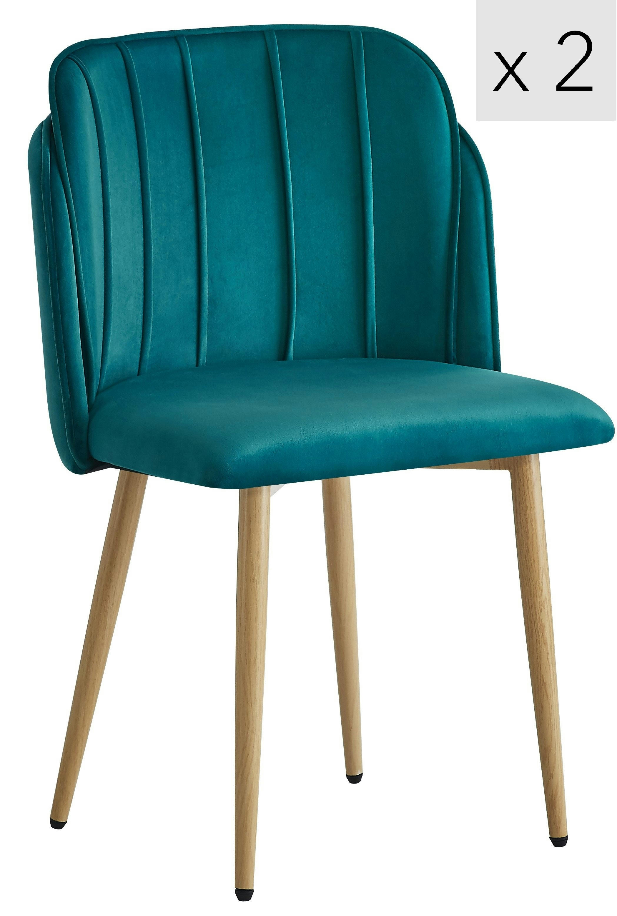 - Lot de 2 chaises en métal effet bois et tissu bleu canard