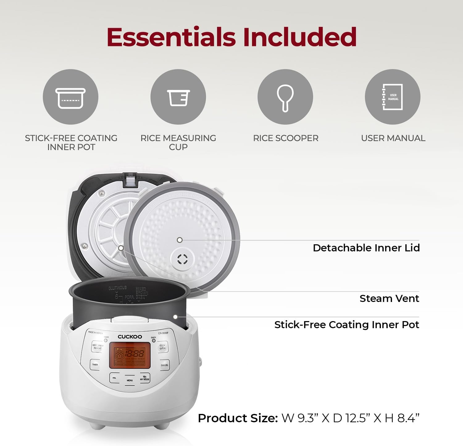 CUCKOO Micom Rice Cooker 6 Cup Uncooked / 12 Cup Cooked, Korean Fuzzy Logic Rice Cooker with Delay Timer & Keep Warm Setting, Versatile Food Steamer with Non-Stick Inner Pot, White (CR-0633F)