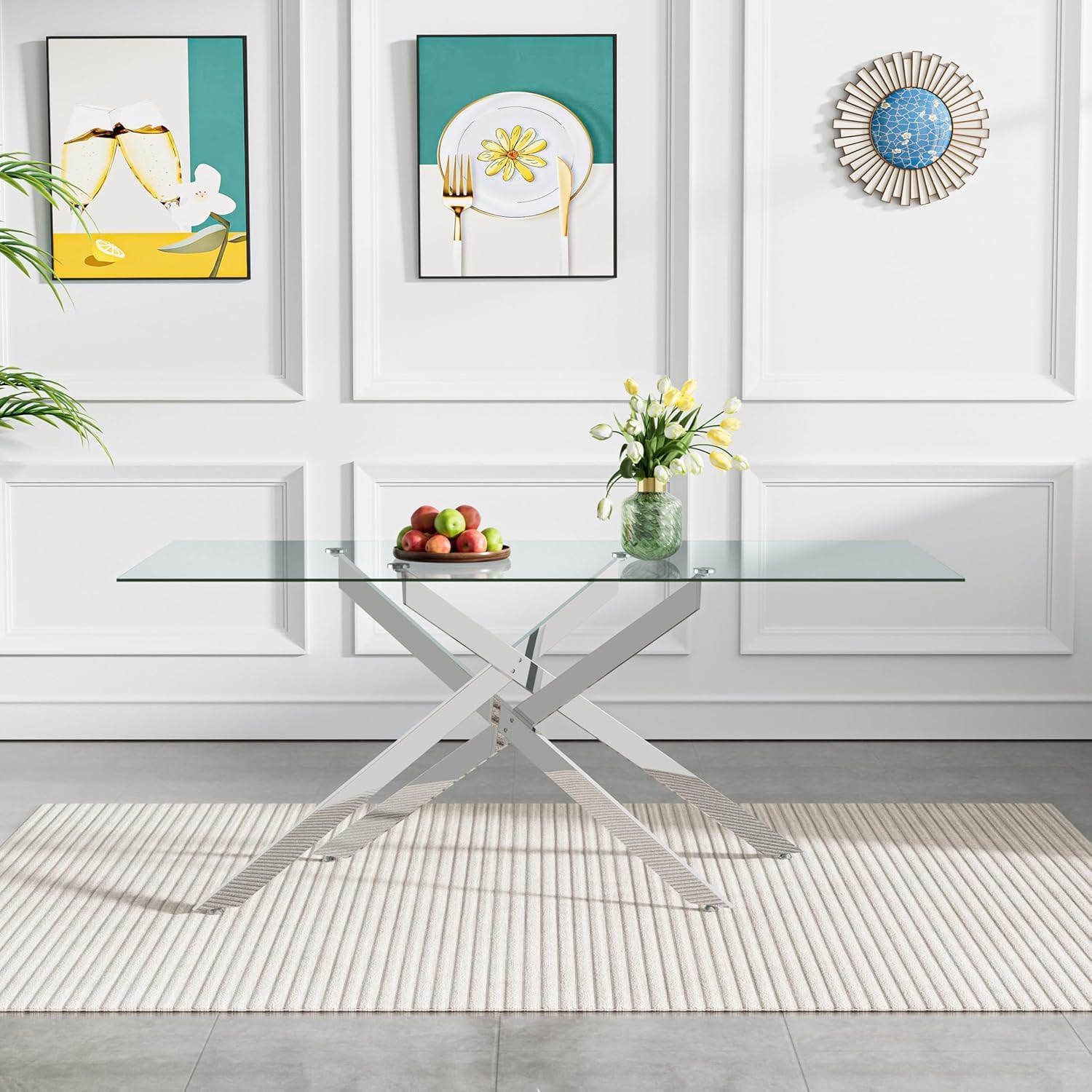 Modern Dining Table for 6 People, 60 Rectangle Dining Room Table with Silver Chrome Metal X-Base, Rectangular Tempered Glass Dining Table, Kitchen Dining Room Tables Luxury Dinner Table