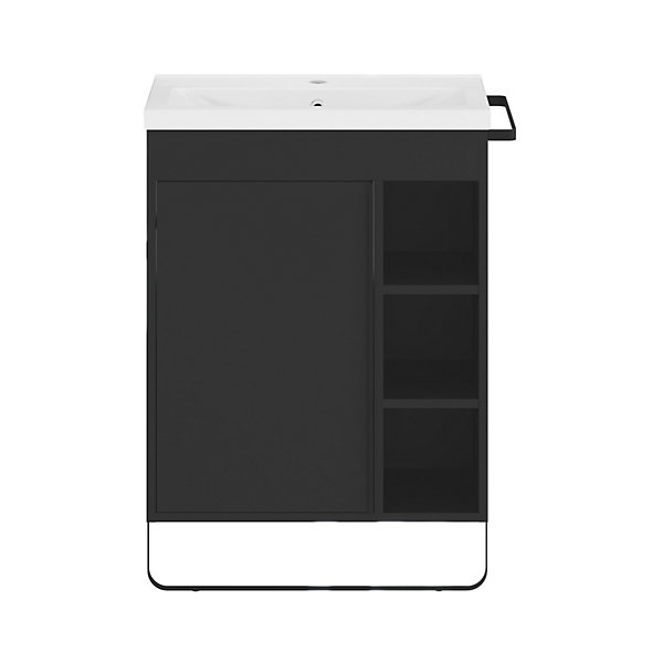Meuble vasque faible profondeur noir avec porte-serviettes l.65 x H.82 x P.36 cm   plan vasque blanc résine, GoodHome Maza
