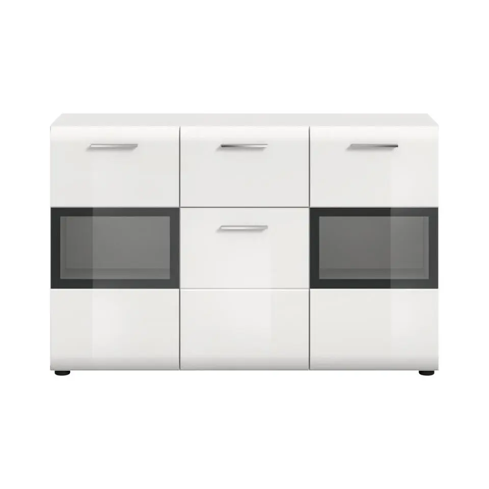 Hioshop Ice dressoir 1 lade- 1 deur- 2 glazen deuren wit- hoogglans wit