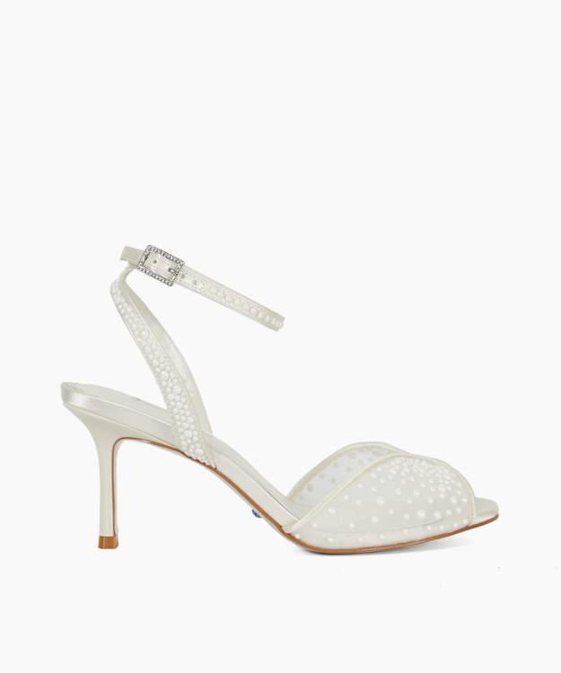 Musing Ivory - Embellished Mesh Ankle Strap Heels