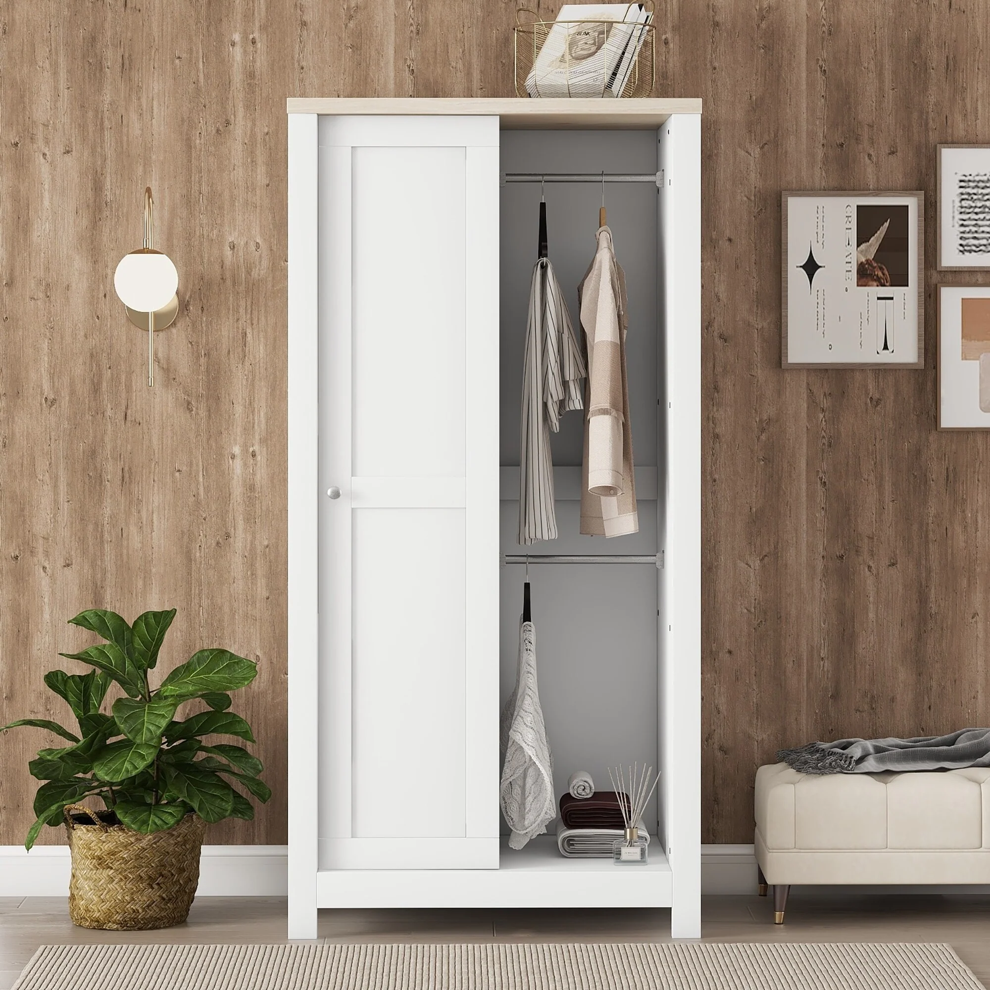 Closet with Barn-Style Sliding Door Design, 3-Tier Open Shelves and 2 Drawer, Bedroom Storage Wardrobe with Hanging Rods - N/A
