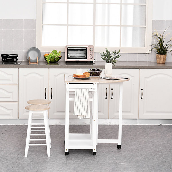 Ensemble table de bar pliable sur roulettes avec étagère et 2 tiroirs   2 tabourets bois pin MDF blanc chêne clair
