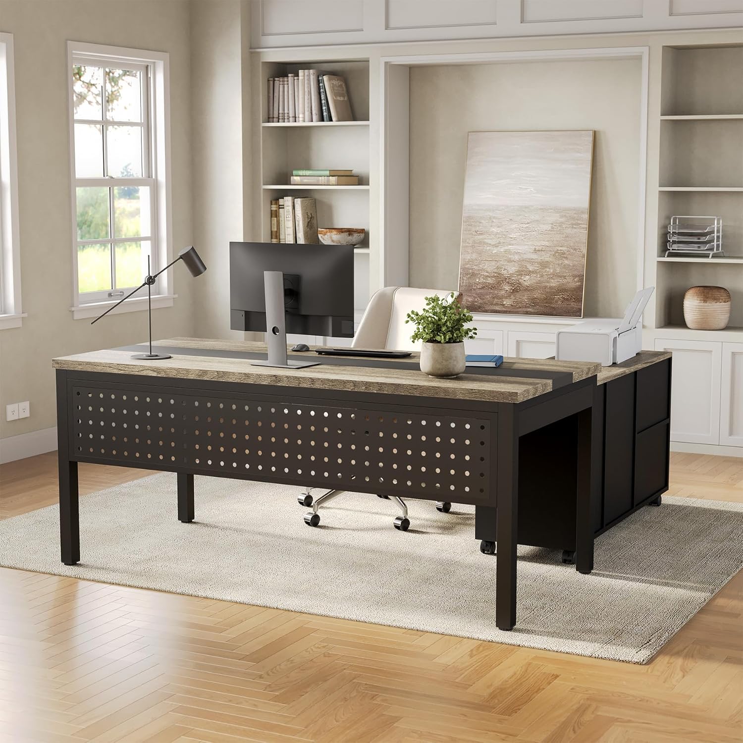 LITTLE TREE 70.8 Executive Desk with Lateral File Cabinet, Modern Thickened Wooden Workstation L-Shaped Computer Desk Large Home Office Writing Desk for Home Office