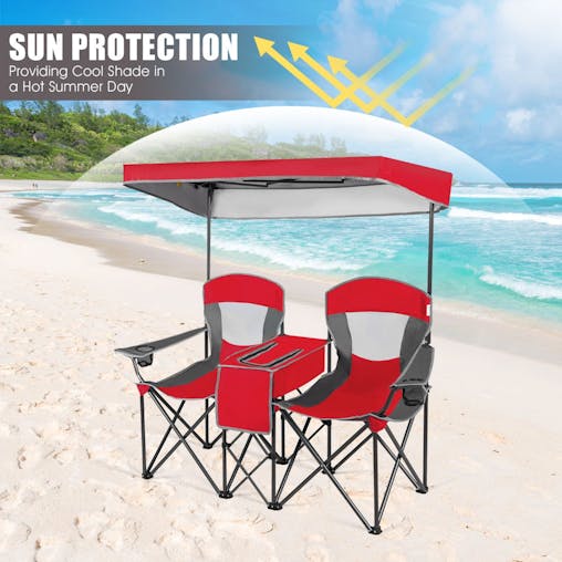 NNECW Double Folding Camping Chair with Canopy and Armrests-Red