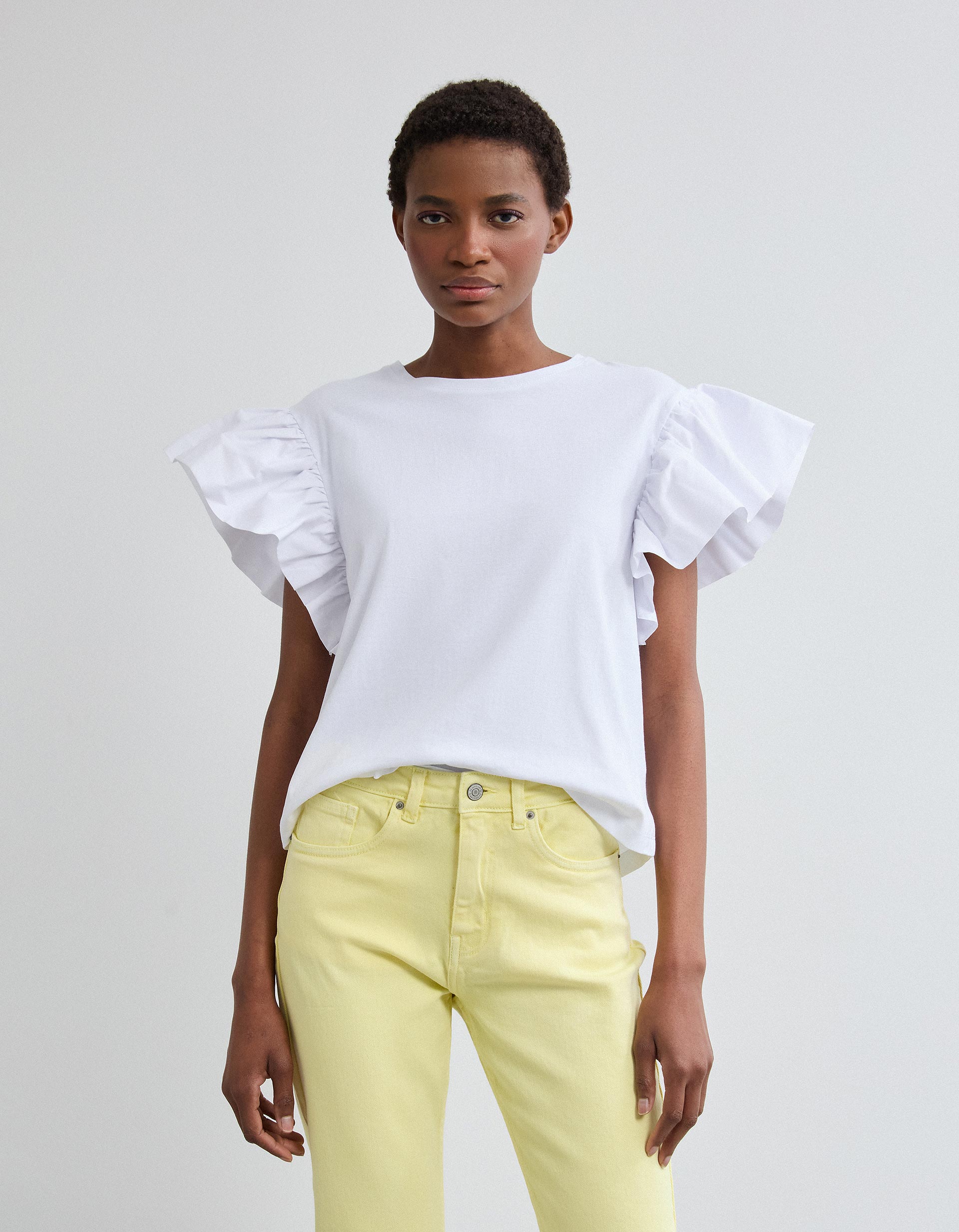T-shirt Folhos, Mulher, Branco