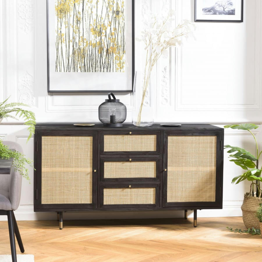YANIS - Buffet noir 3 tiroir 2 portes cannage