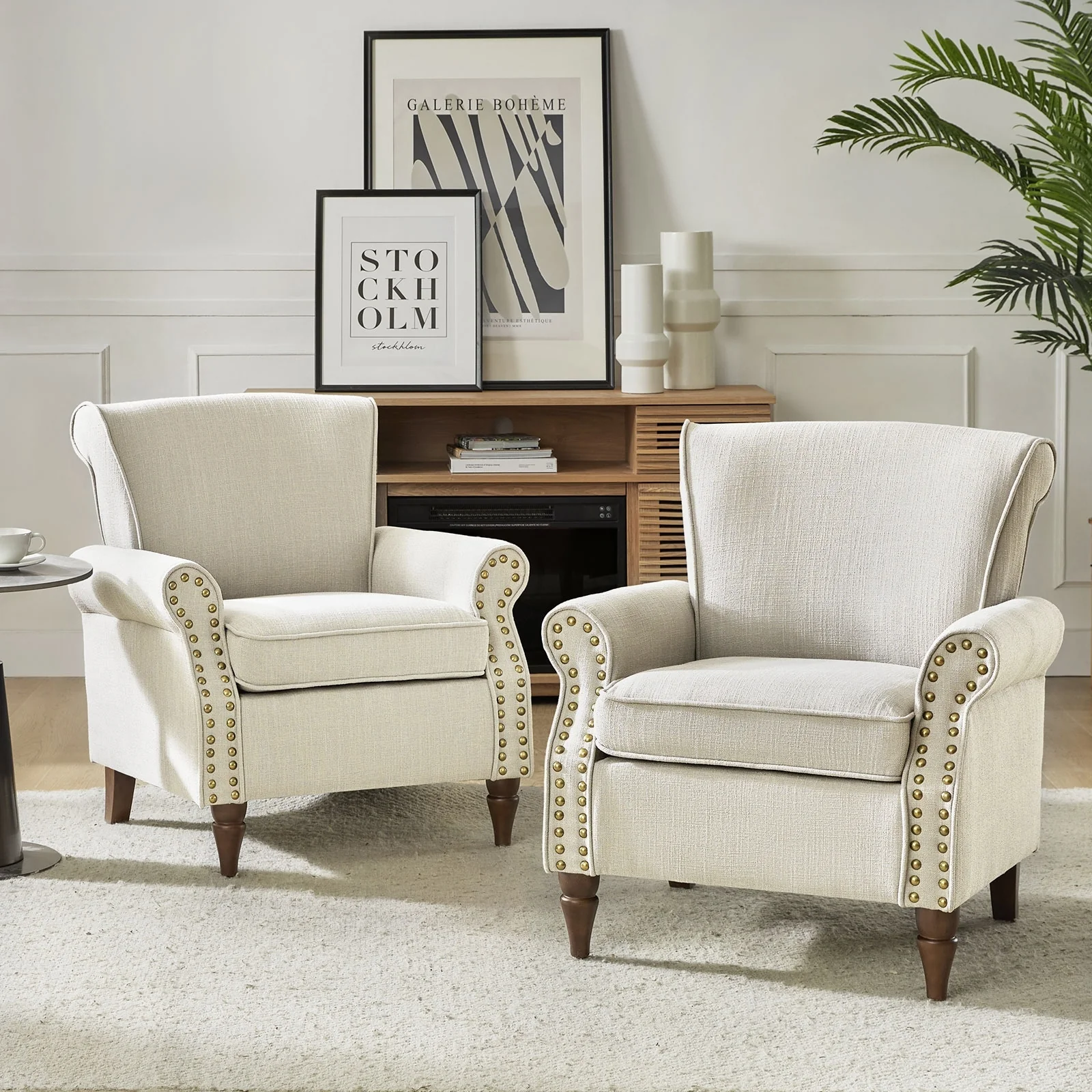 Nyctelius Upholstered Comfy Accent chair with Turned Wooden Legs and Nailhead Trim Set of 2 by HULALA HOME