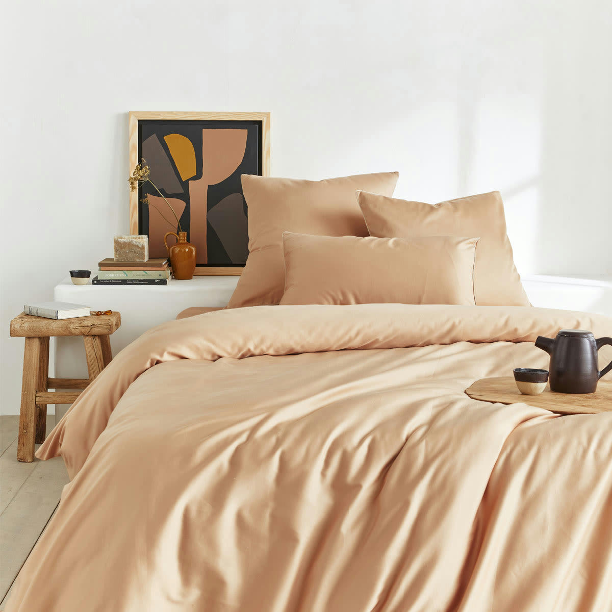 HEURE DOREE - Housse de couette unie en satin de coton beige 240x220