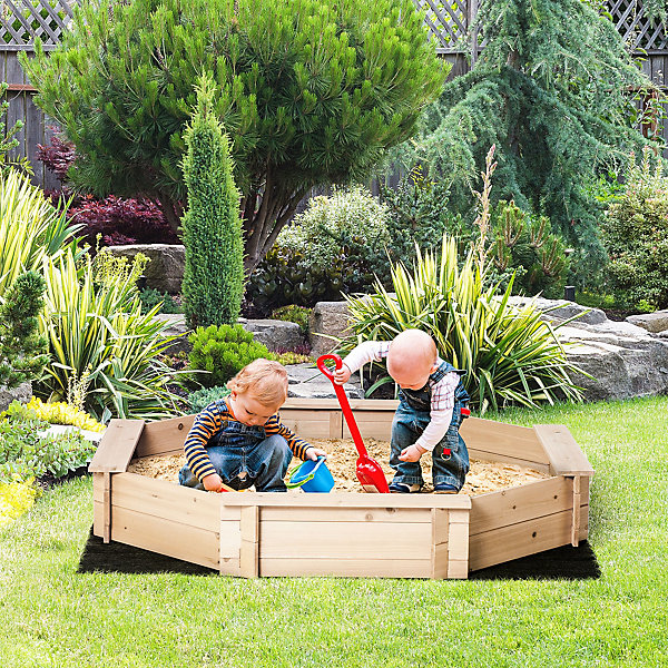 Bac à sable bois octogonal dim. 139,5 x 139,5 x 21,5 cm - 4 bancs - bâche de couverture, non tissé de sol inclus - bois sapin