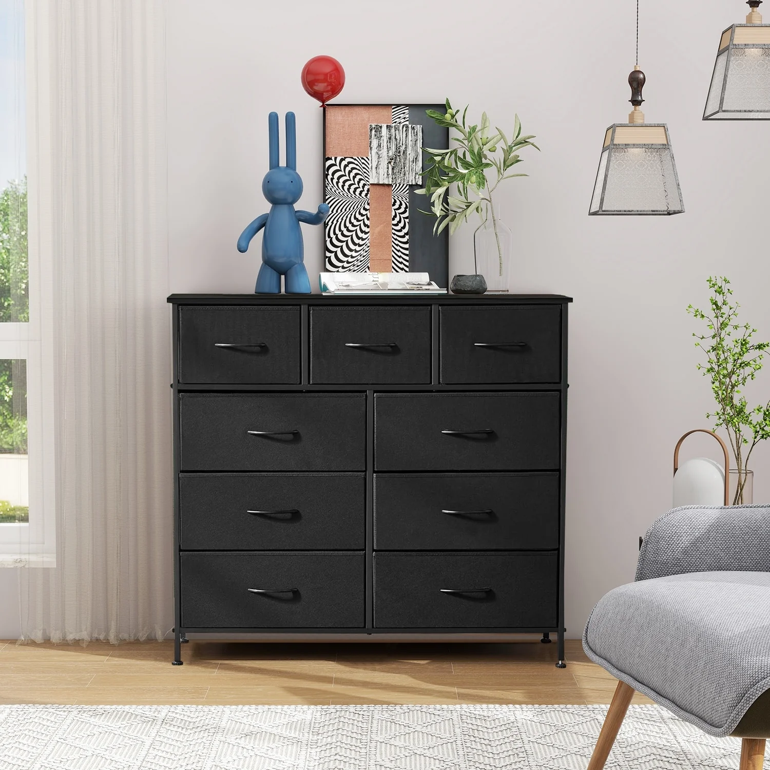 9-Drawer 11.8 in. Wide Chest of Drawers Fabric Storage Tower with Steel Frame, Wooden Top