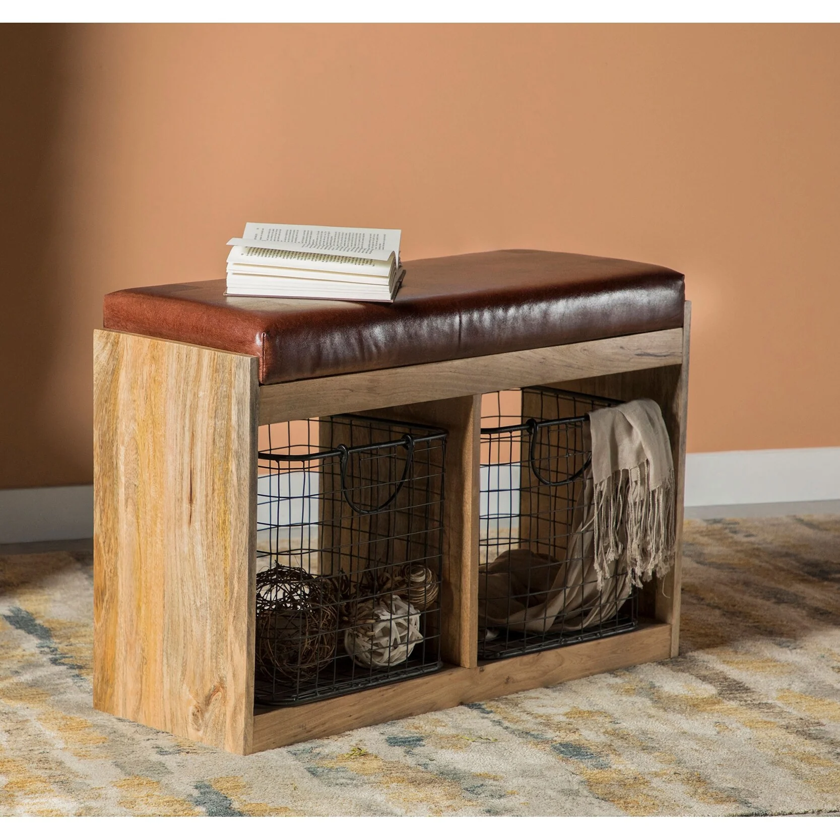 Brown and Natural 2-basket Upholstered Accent Bench