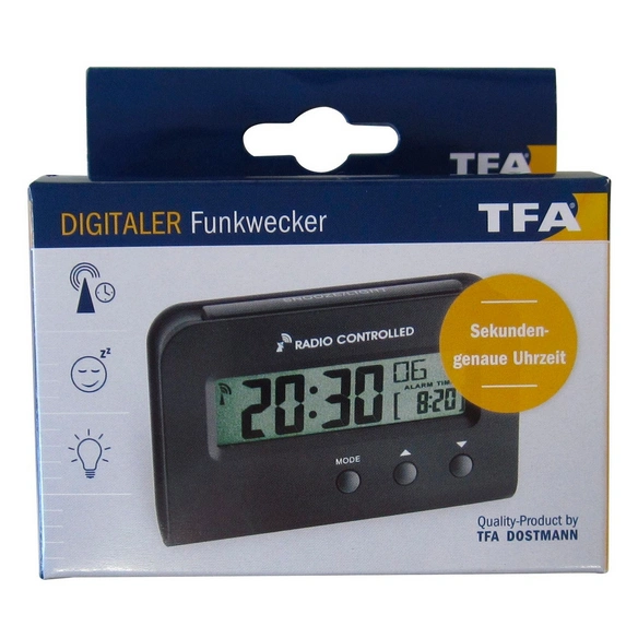 Digital-Funkwecker, Breite: 9,3 cm, Tiefe: 4,8 cm, schwarz