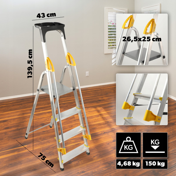 Kadax Drabina Domowa Aluminiowa 4 Stopnie Poręcze