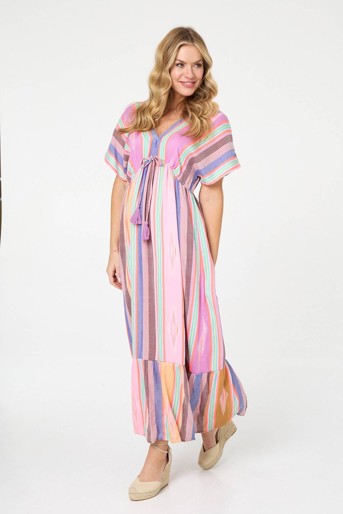 Izabel London Striped 1/2 Sleeve Empire Maxi Dress