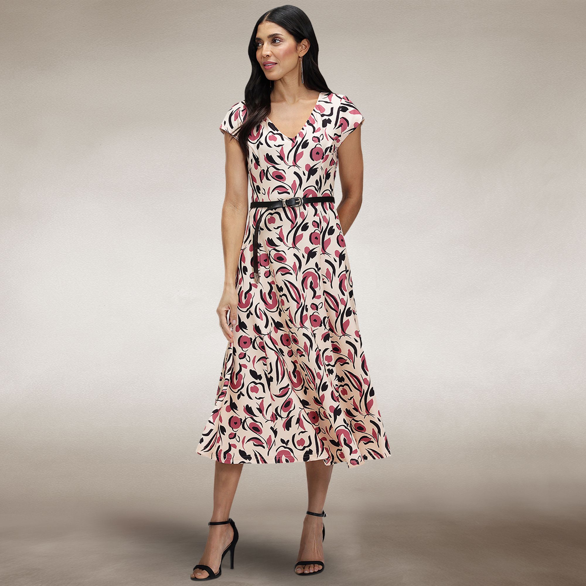 Hot Squash A Line Midi Dress with Cap Sleeves