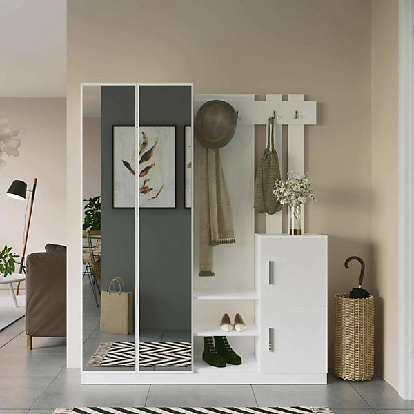 Meuble d'entrée Hene, Crochet d'entrée, Composition pour l'atrium, Console de rangement multifonction, 147x38 h180 cm, Blanc