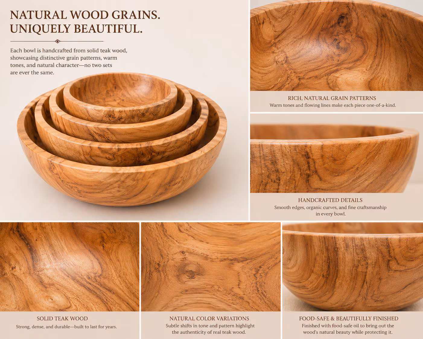 Solid Teak Wood Nesting Bowl Set, Handcrafted Kitchen Serving Bowls