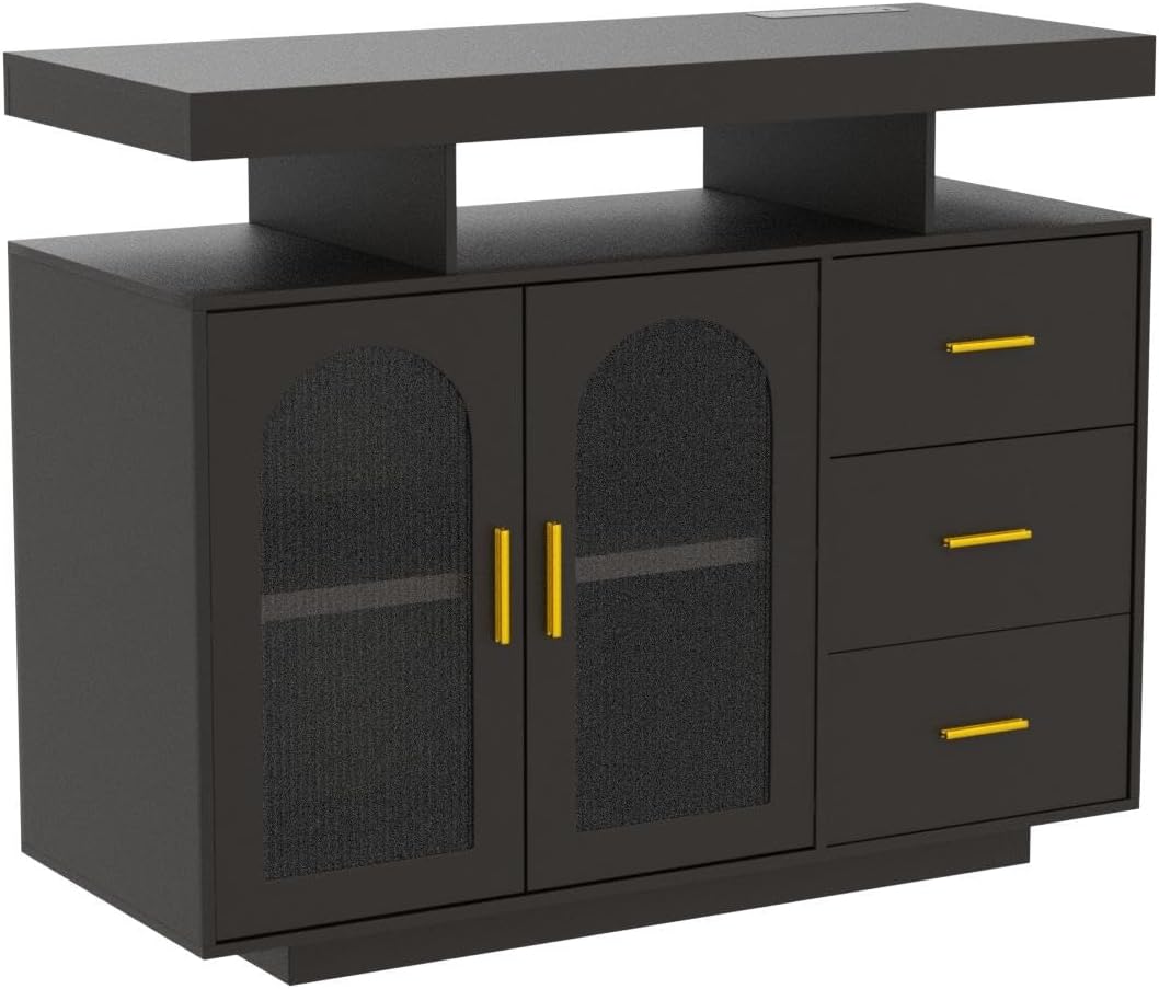 Metal Coffee Bar Cabinet, Kitchen Storage Sideboard Wine Cabinet, Wooden Shelves, Black