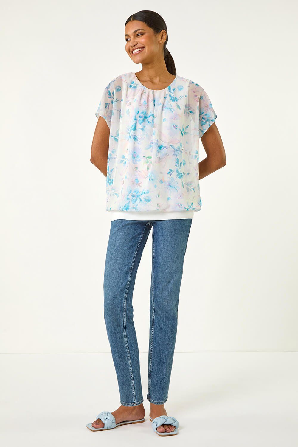Roman Floral Print Bubble Hem Top